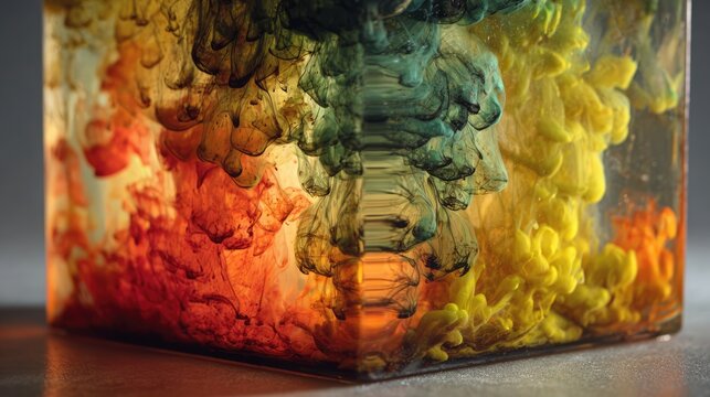 Colorful ink diffusion experiment in a transparent cube against a dark backdrop