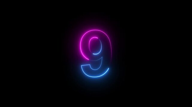 Neon number nine, the best digital symbol, Alphabet made from Neon Light. Neon light pink and blue. Motion graphics of neon number 9 concept