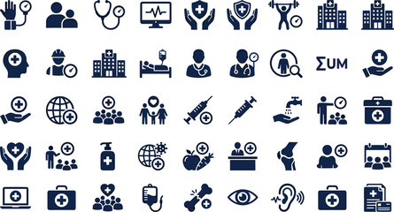 Fototapeta premium Healthcare and medical service icon collection featuring hospital care, telemedicine, vaccination, diagnostics, wellness and public health symbols