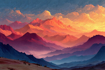 Naklejka premium Abstract colorful mountain landscape at sunset digital art background