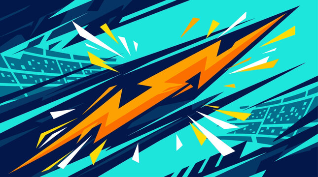 Vibrant orange lightning bolt streaks across dark blue and teal abstract background with white accents.