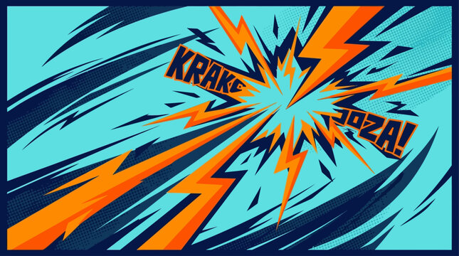 Vibrant comic book style illustration of dynamic orange lightning bolts exploding with bold text on blue background
