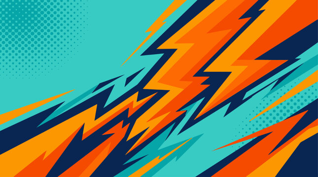 Vibrant orange and blue lightning bolts streak across a teal background