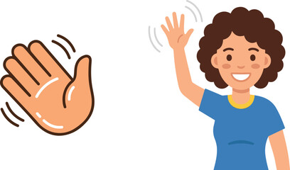 Cartoon illustration of a smiling child waving hello with a hand gesture icon, representing greeting, communication, friendliness, welcome, and social interaction. © AI illustration 
