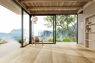 Fotobehang Japandi Spacious and airy empty room interior with a stunning panoramic mountain view 3d render  © onzon