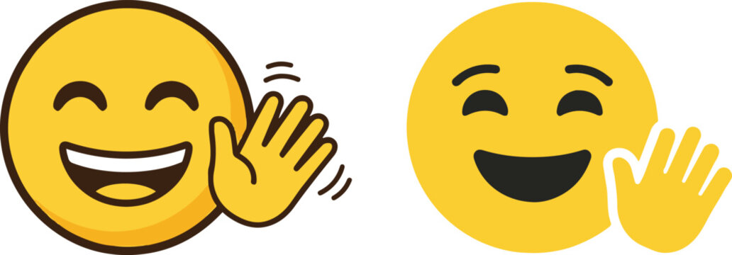 Smiling waving emoji icon set featuring cheerful yellow happy face characters with hand gesture, isolated on a light background in flat vector style.