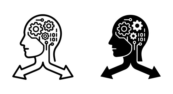 Artificial Intelligence Brain Icons, Machine Learning Concepts, Neural Network Pathways, Binary Code Logic, Technology Decision Making