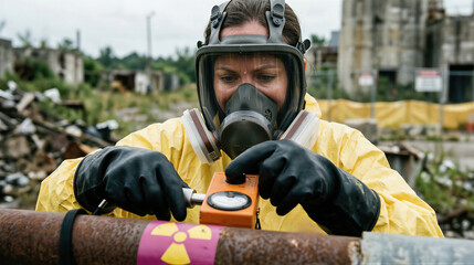 Plakat Woman scientist in protective hazmat suit using geiger counter near radioactive pipe. Specialist measuring radiation levels at industrial disaster zone. Environmental safety assessment.