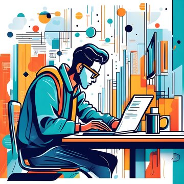 Joven con computadora de mesa