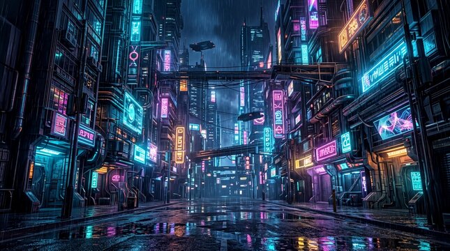 futuristic urban landscape, a vibrant cyberpunk city street illuminated by neon lights and rain-soaked reflections