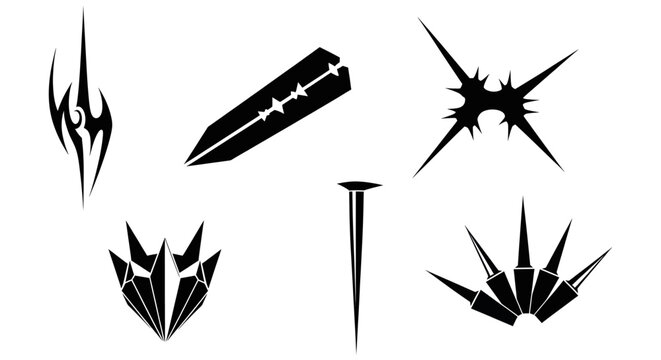 Collection of sharp metal nails and punk style thorn illustrations in black