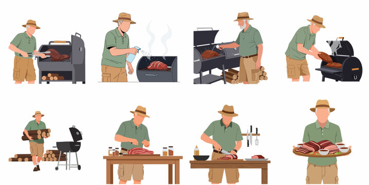 Flat illustration set of a senior man preparing, smoking, and serving delicious barbecue meat using a wood smoker grill.