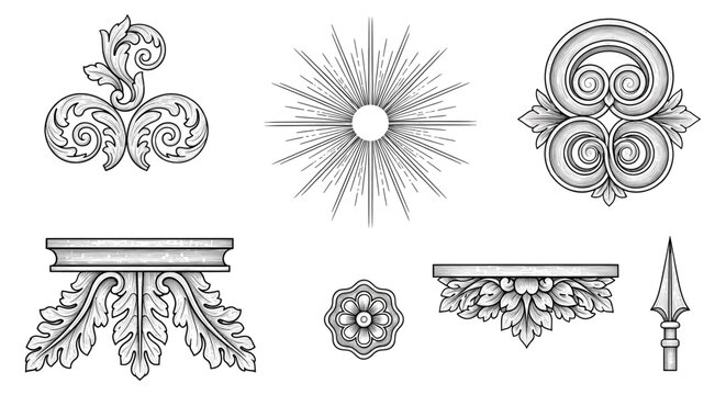 Set of ornate architectural decorative elements and motifs for design and illustration projects