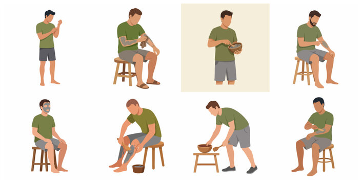 Set of flat illustrations showing a man performing a natural skincare routine, applying mud masks and body scrubs to face, arms, and legs for wellness and grooming.