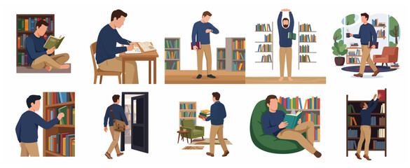 Collection of flat vector illustrations depicting a young man reading, writing, and studying in a library or home office, showing a day in the life of a student or book lover. © Triana