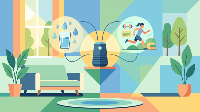Flat vector illustration of a smart home AI wellness assistant device in a living room, projecting holographic icons for hydration tracking and fitness monitoring with a runner.