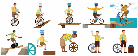 Set of vector illustrations featuring a man performing various balancing acts with plates, unicycles, and bicycles on narrow bridges. © Noorr