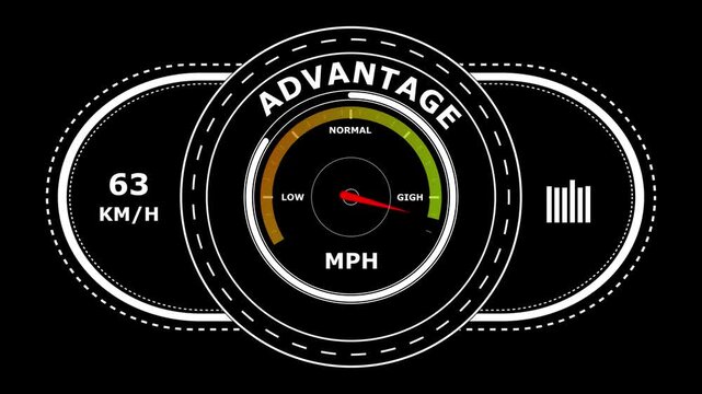 Digital dashboard interface with a circular speedometer gauge displaying the word advantage and speed metrics on a dark background for data