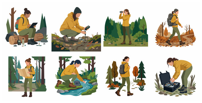 Set of flat illustrations of a female field researcher and ecologist conducting scientific work in the forest, including soil and water sampling, data collection, and hiking in nature.