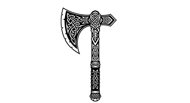 Ornate Viking axe with intricate Norse and Celtic knotwork pattern. Detailed medieval weapon illustration on white background.