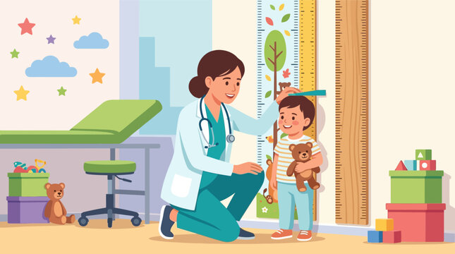 Female pediatrician measuring young boy's height using wall chart in colorful clinic. Vector illustration featuring stethoscope, exam table, toys, and stadiometer for medical checkup.