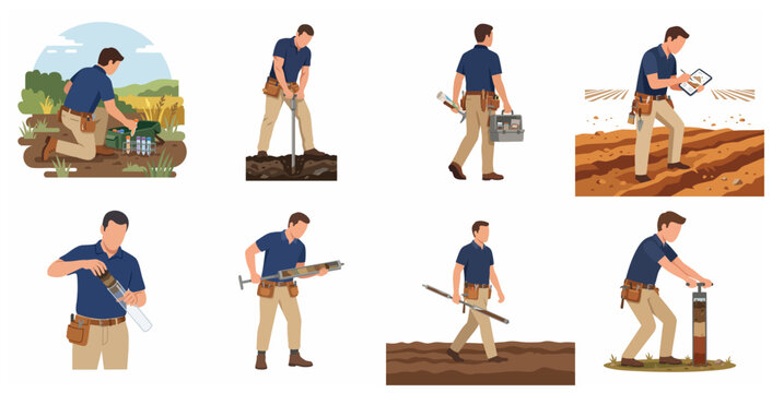 Soil Scientist and Agronomist Vector Illustrations Collection for Agricultural Research and Soil Sampling