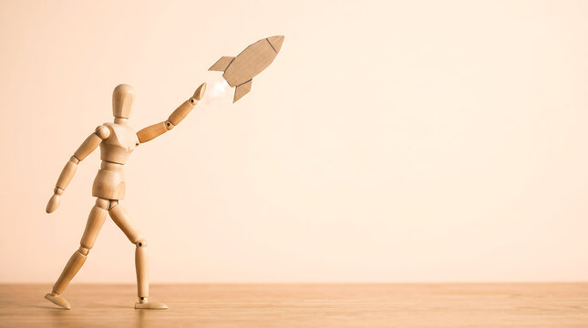Mid-year performance review and company growth planning concept with wooden mannequin launching a paper rocket with copy space for business presentation template