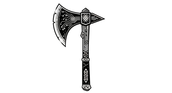 Monochrome fantasy battle axe illustration with intricate engraved patterns and futuristic circuit board details
