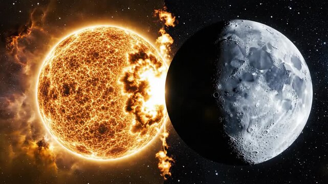 Fantasy fiery sun eclipsing cratered moon against star-filled deep space with glowing corona and lens flare