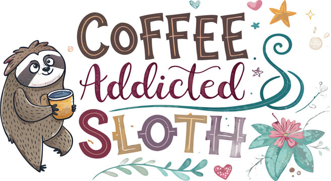 A cute sloth holding a coffee cup with typography