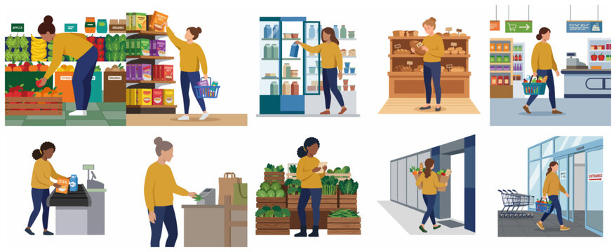 Flat vector illustration of women grocery shopping in a supermarket, choosing fresh produce, bakery, and dairy items, and paying at the checkout counter.