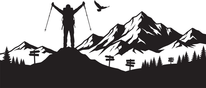 Silhouette of triumphant hiker with raised arms on mountain peak overlooking majestic landscape vector illustration