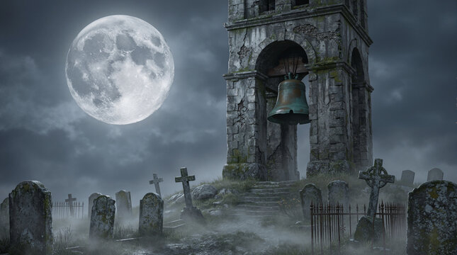 Old bell tower rising from a foggy cemetery under a large full moon.
