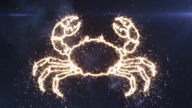Glowing cancer crab constellation formed from golden sparks against deep starry night sky. Perfect for astrological branding, horoscope visuals, spiritual content
