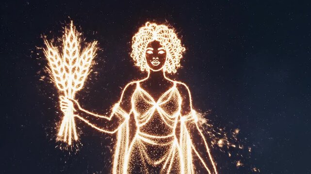 Glowing virgo maiden constellation holding wheat sheaf in golden sparks against deep starry void. Perfect for astrological branding, horoscope visuals, spiritual content