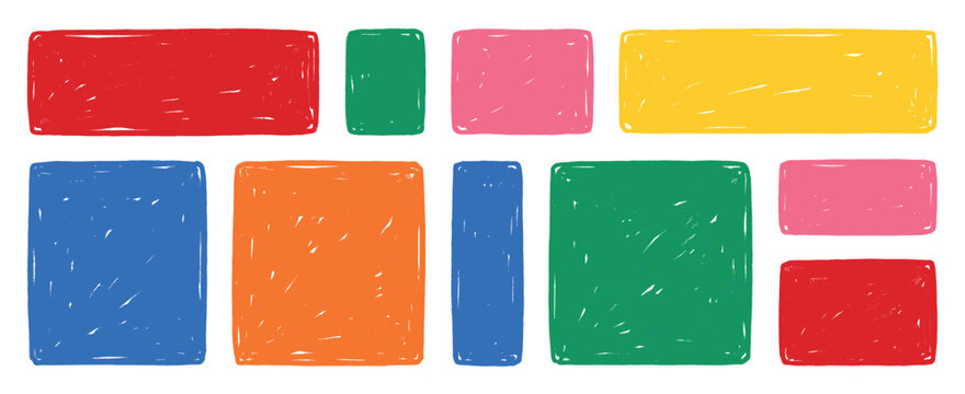 Collection of hand drawn colorful rectangles and squares with textured fill