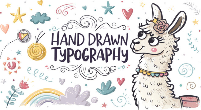 Hand drawn typography with a cute llama and colorful doodles