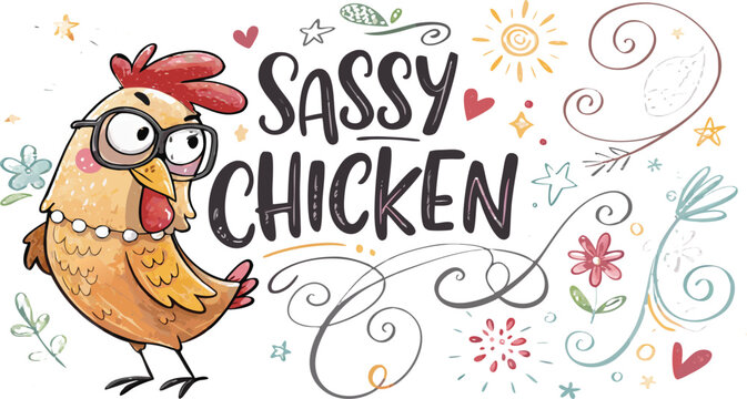A sassy chicken wearing glasses with hand drawn typography