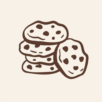 Cookies stack doodle line art. Hand drawn minimal sweet bakery illustration. Cozy autumn dessert icon for packaging, stickers and cafe menu.
