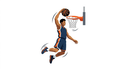 Athletic basketball player performing a powerful slam dunk over the hoop. © amira