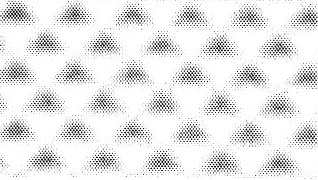 Macro close-up of printed halftone dot clusters forming repeating triangle tiles. Black-and-white raster pattern isolated on a transparent background PNG for overlays, masks, and layouts.