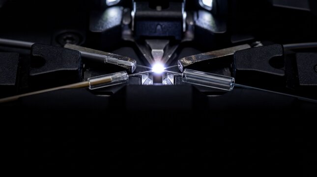 telecommunications technology, a stunning close-up of a fiber optic splice glowing with sparks