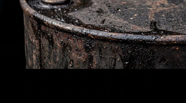 oil commodities analysis, close-up of an oil barrel showcasing a textured black surface, half-empty