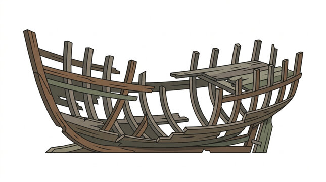 Ancient wooden ship hull skeleton structure isolated on white background.