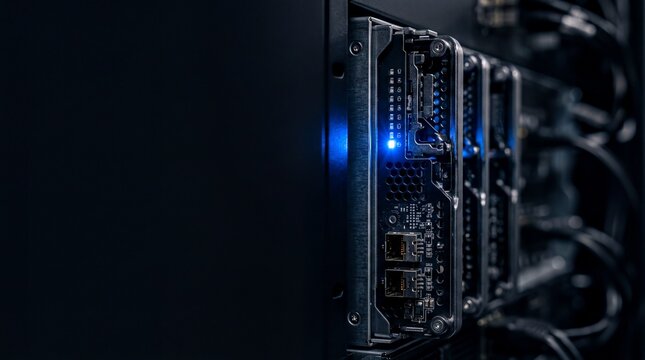 data center equipment, close-up of a server rack with glowing blue leds against a dark backdrop