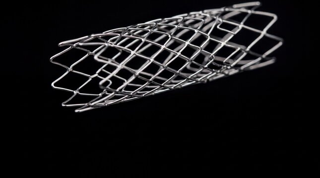 medical technology, detailed macro of a metallic coronary stent against a dark background
