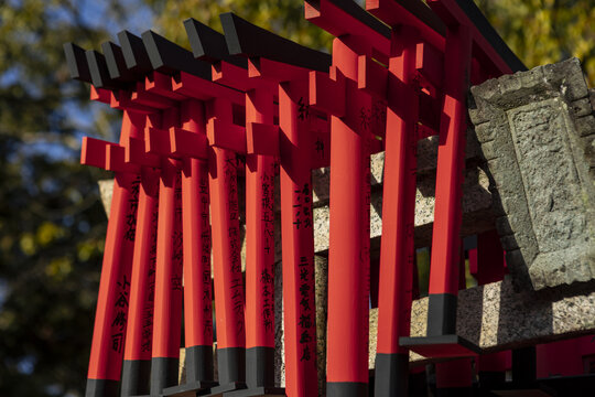 View of small red torii gates with black bases and Japanese inscriptions at Fushimi Inari Shrine in Kyoto, Kyoto, Japan.