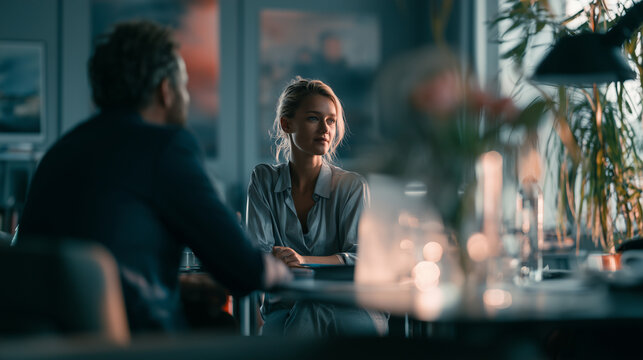 Professional interview conversation with recruiter in focus, cinematic corporate lifestyle photography