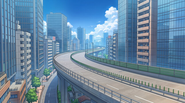 高架道路が都市のビル群の間を走るダイナミックな風景です。
広い青空と遠近感が印象的な構図になっています。
