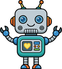 Naklejka premium Cute cartoon robot mascot character with a smiling face, colorful mechanical details, and friendly design. Ideal for technology, AI, education, children's projects, apps, stickers, and digital innovat